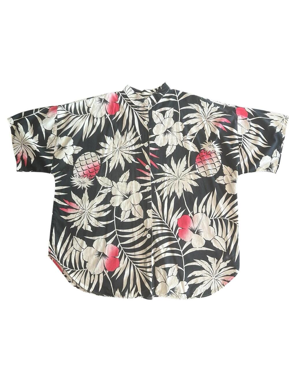 Vintage 90s By Krash Hawaiian Tropical Shirt Womens 2X Black Pink Pineapple USA